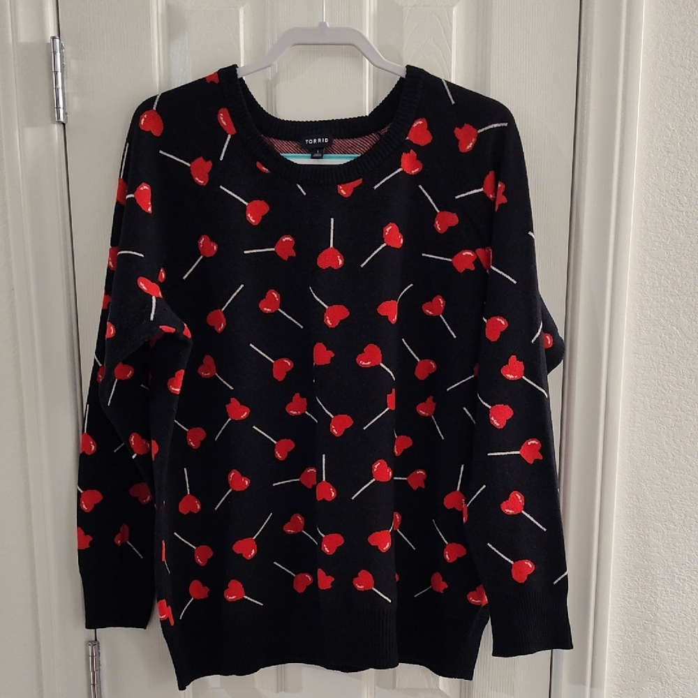 Torrid Black Sweater with Red Heart Lollipop Pattern Size 1